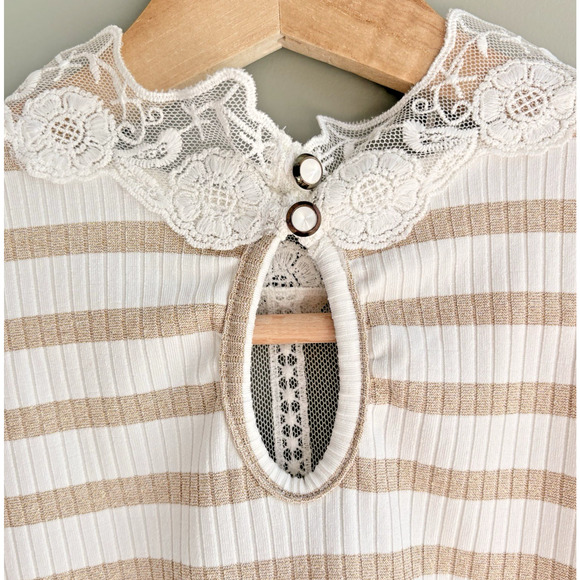 Romantic Victorian Short Sleeve Lace Stripe Blouse Top Sz Medium Metallic Pearl - Picture 5 of 11